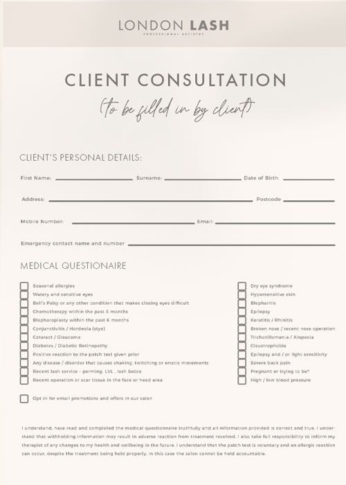 Consultation Form for Lash Extension Clients