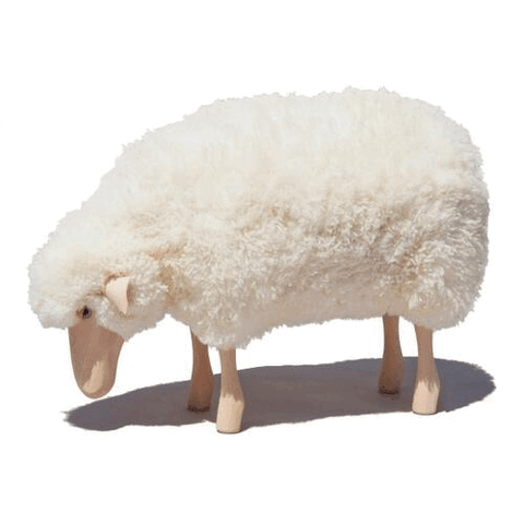 White sheep handmade sculpture with real wool and beechwood