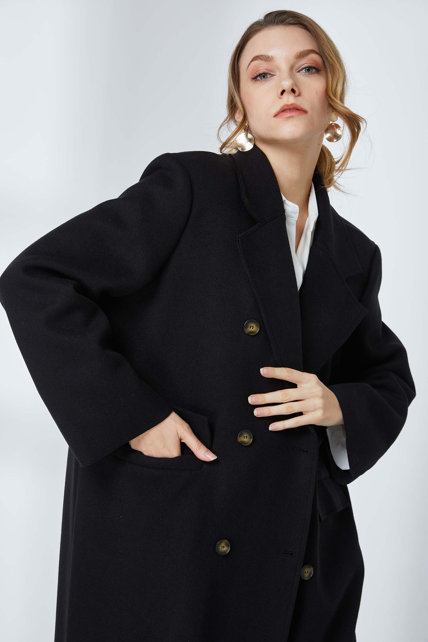 Buy Wholesale Double-Breast Wool-blended Coat with Shoulder Pads