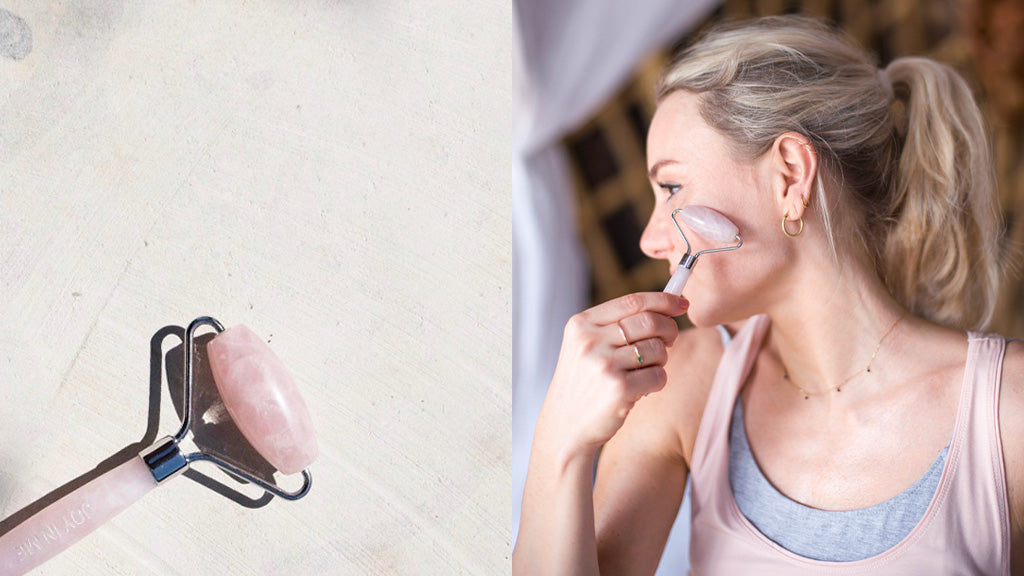 Kobieta wykonująca masaż rollerem do twarzy rose quarts od JOYINME