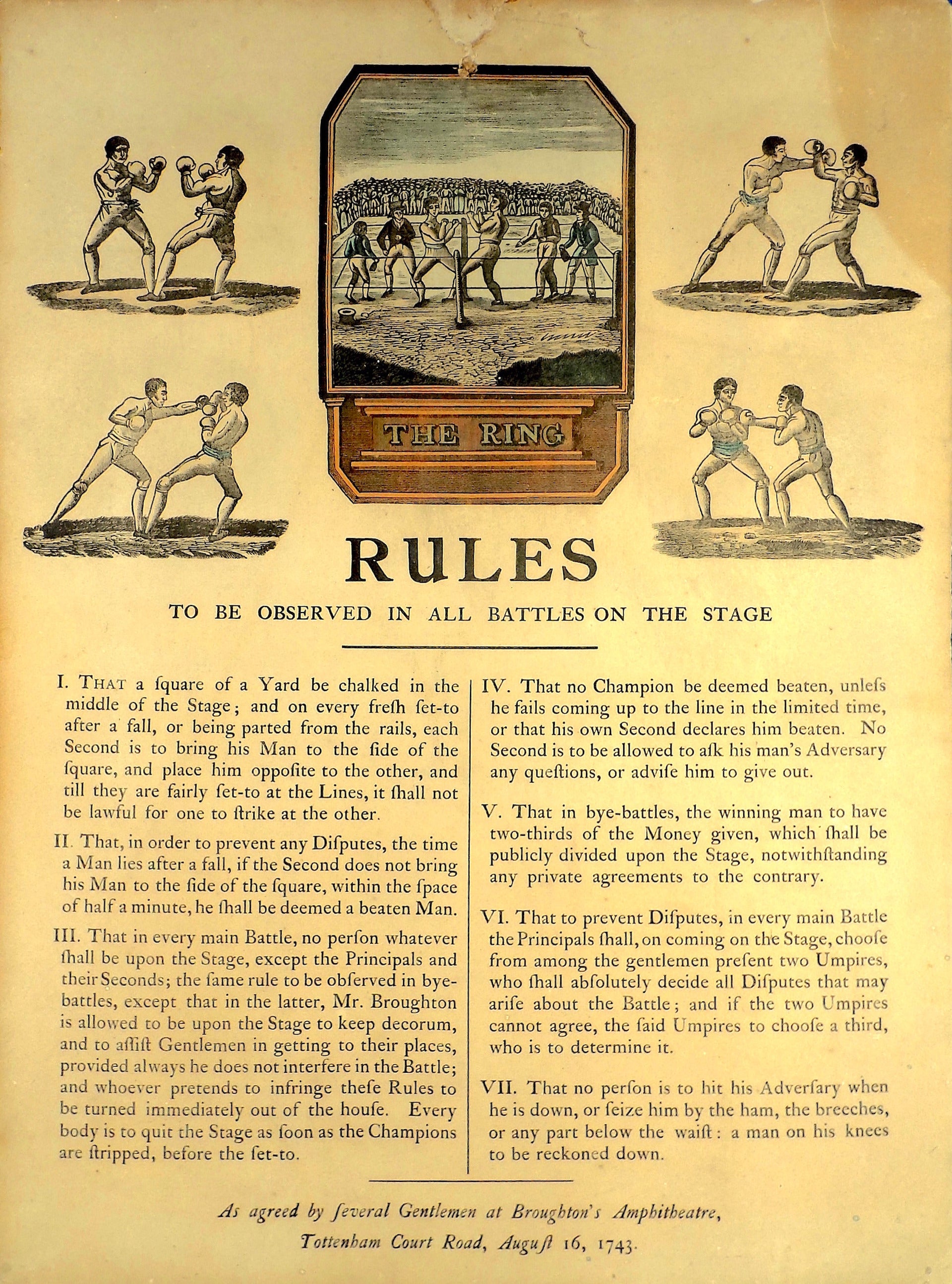 The first boxing rules, called the Broughton's rules, were introduced by English champion bare knuckle fighter Jack Broughton, known as the the father of english boxing in 1743.