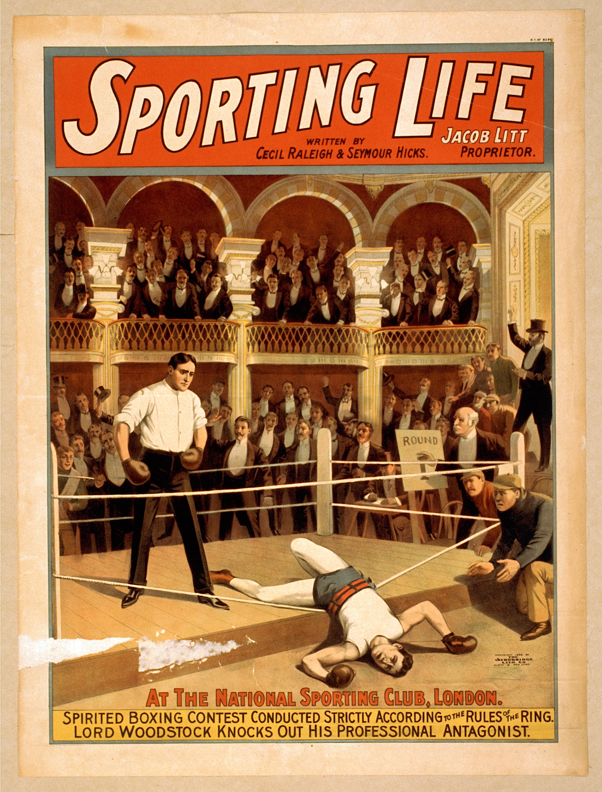 Spirited boxing contest conducted strictly according to the rules of the ring. Lord Woodstock knocks out his professional antagonist. At the National Sporting Club, London. Created and "copyright 1898 by The Strobridge Lith. Co., Cin'ti &  New York."