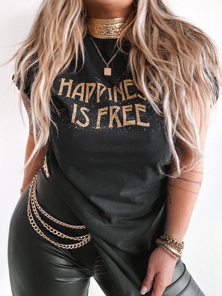 Oversized Happiness Is Free Graphic Tee With Side Slit