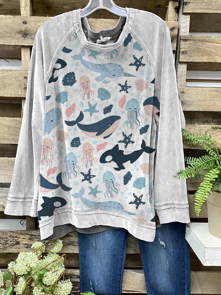 Women O-neck Cute Sea Animal Print Cozy T-shirt – yoo lucky