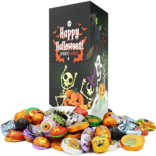 Halloween Mysterious Chocolate Assortments, Milk Chocolate Trick-or-Treat Party Bag Fillers, Creepy Pumpkin Monster Face Design Foils, Kosher