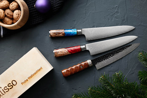3 personalisierte Calisso Messer mit Lasergravur und eine Geschenkbox für Weihnachten