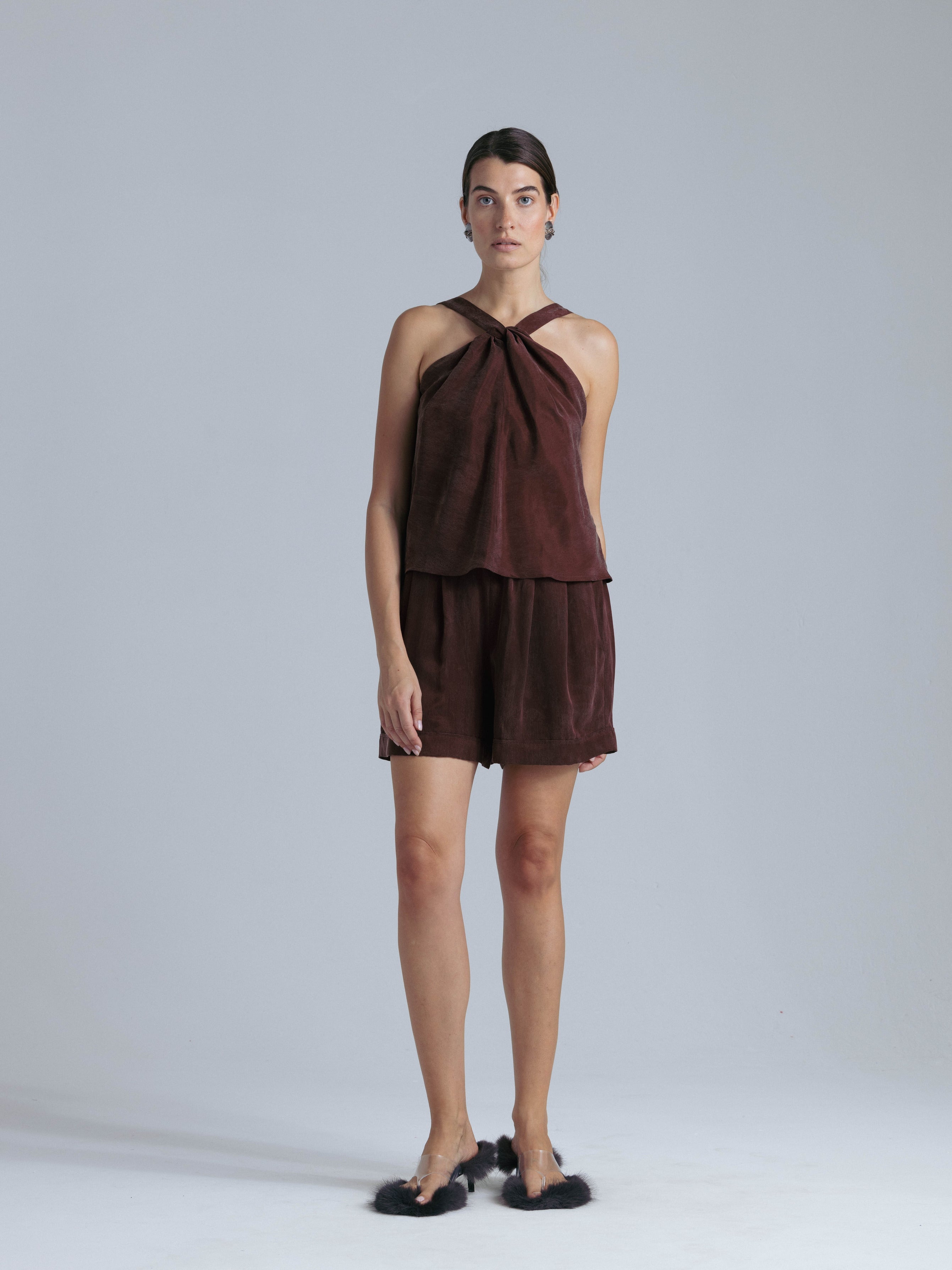 Sleeveless Cupro Top in Rust