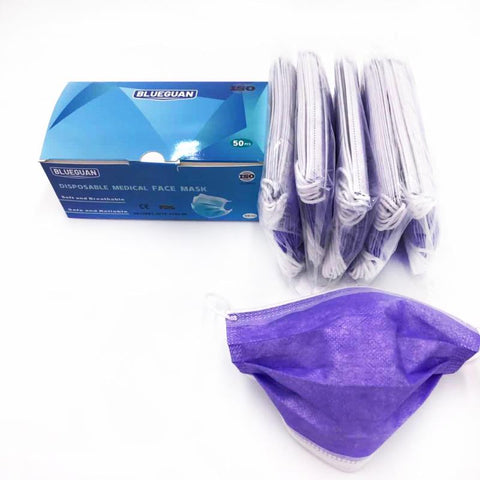 FDA / CE approved Disposable Medical Face Mask, 3 Layers, 50pcs/box, Purple,www.betterlifemart.com