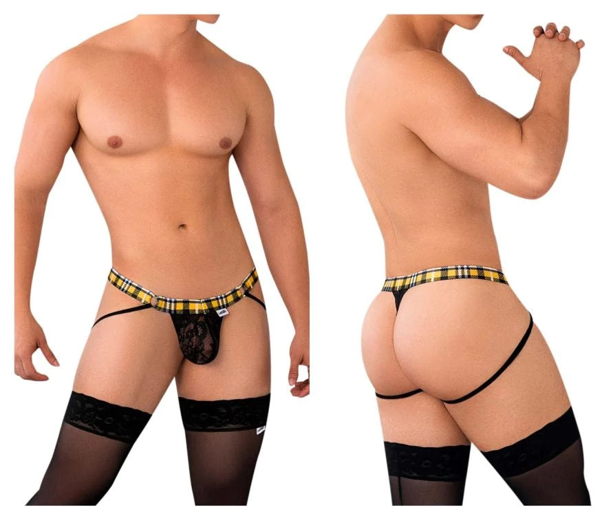 CandyMan 99626 Prints Jockstrap Thongs Black-Yellow Mens Underwear Johnnies Closet