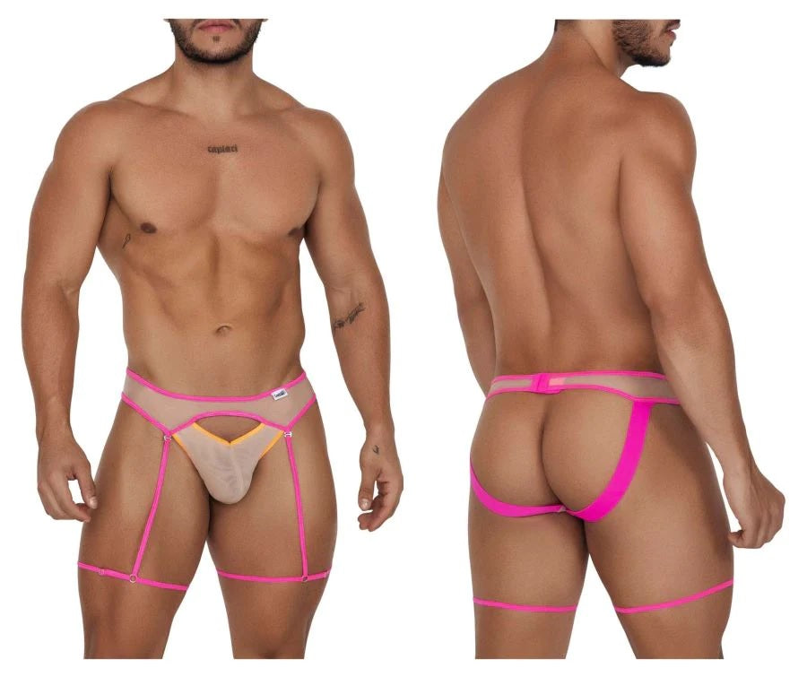 CandyMan 99687 Garter Jock Two Piece Set Beige-Neon Mens Underwear Johnnies Closet