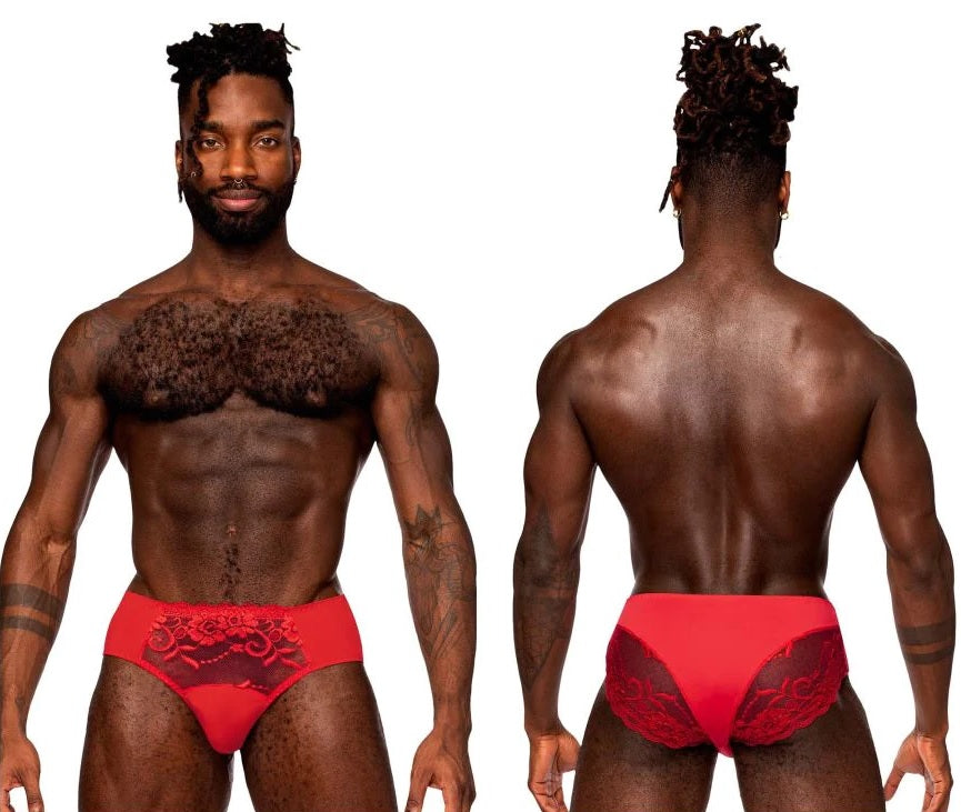Male Power 492-280 Sassy Lace Bikini Solid Pouch Red Mens Underwear Johnnies Closet