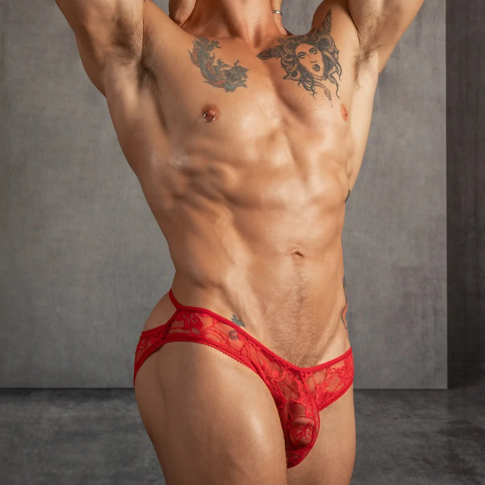 Secret Male Frill Open Back Lace See-thru Bikini Red Mens Underwear Johnnies Closet