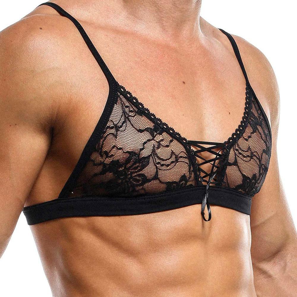 Mens Bra Top with Lace and Multi Straps Black