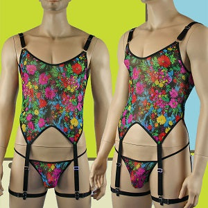 Mens-corset-top-with-flowers-G-string-leg-garters-underwear-lingerie-Johnnies-Closet-Online-Shop