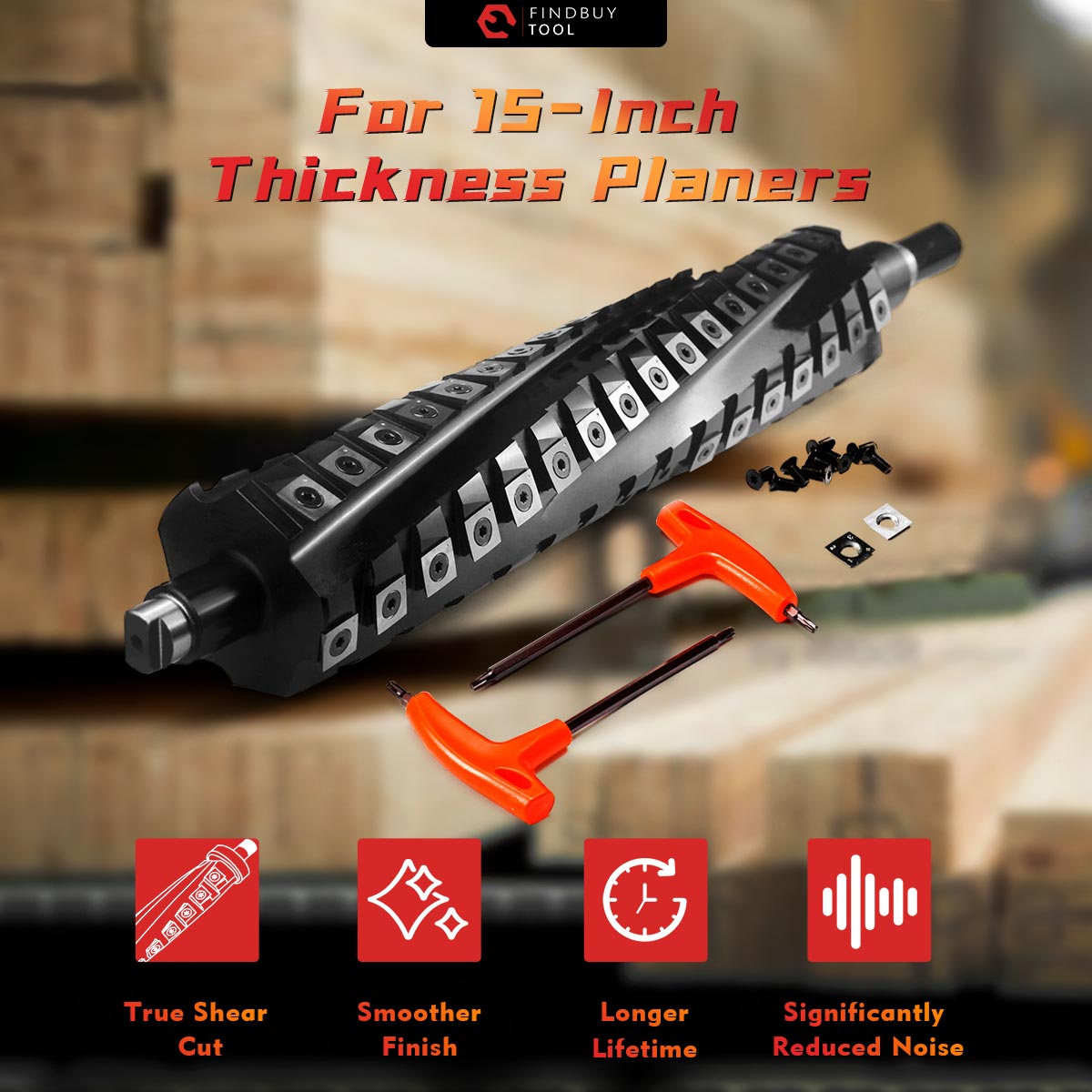 Helical cutter head for 15" planer features