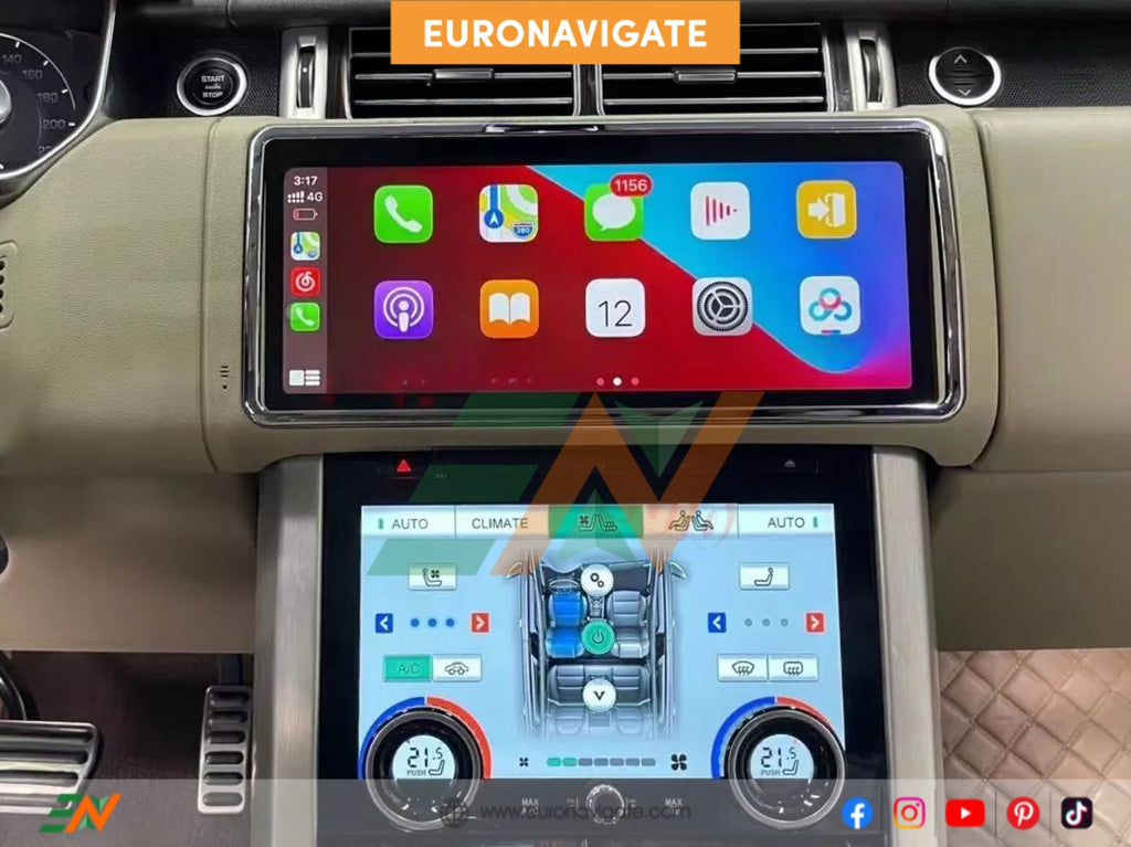 Enhance your Range Rover Sport L494 with a modern, 12.3-inch Euronavigate display including wireless connectivity. This enhancement features wireless CarPlay and Android Auto, worldwide maps, and smooth OEM integration for an improved experience.