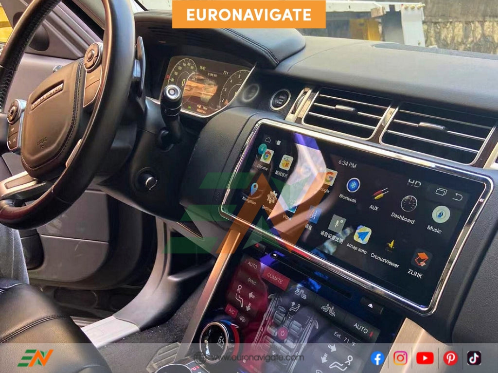 The text which needs to be checked introduces innovation to enhance your driving experience, featuring powerful infotainment, exceptional design, and effortless connectivity. It describes a car equipped with a 12.3-inch Android touch screen display for the Range Rover Vogue L405, which includes the Euronavigate feature.