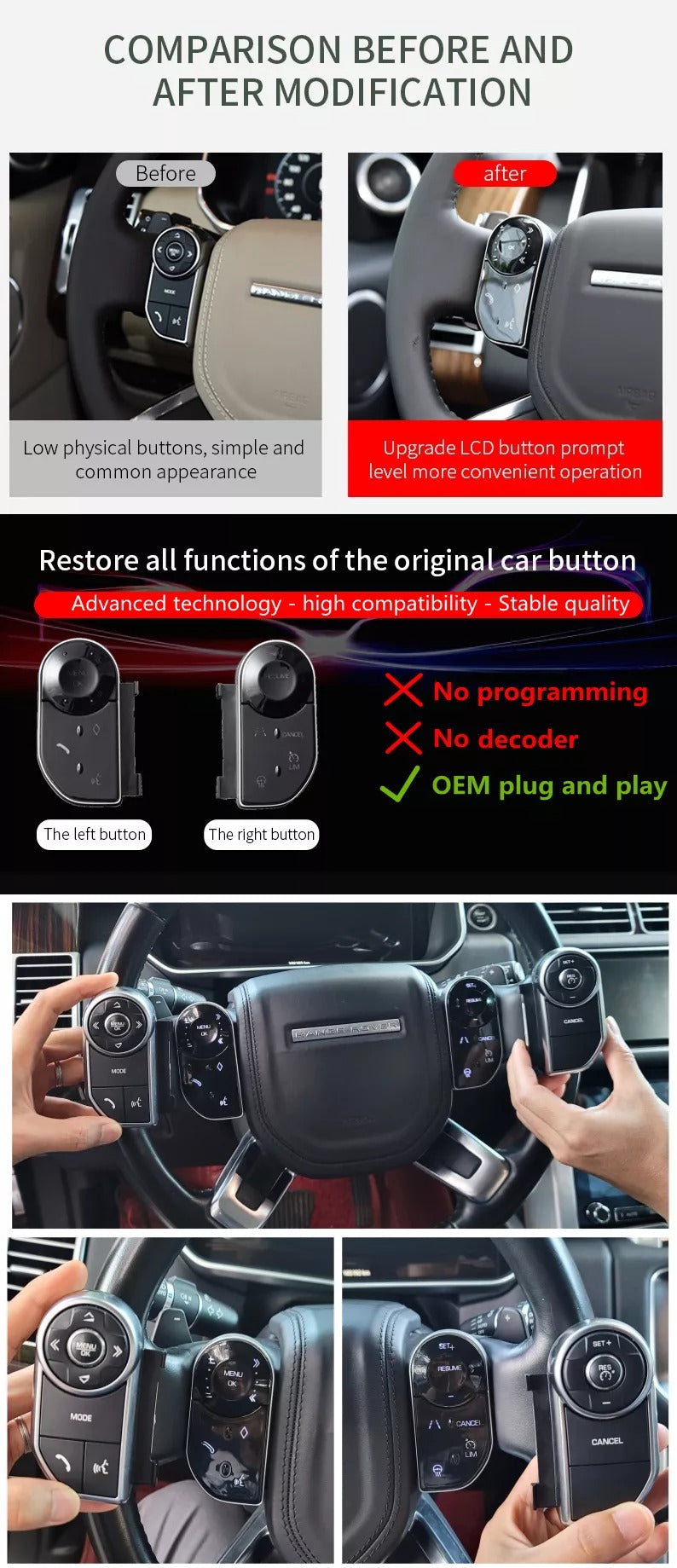 Euronavigate Steering Wheel Touch Buttons For Land Rover Vogue 2013- 2017 Sport 2010 - 2017 Discovery 5