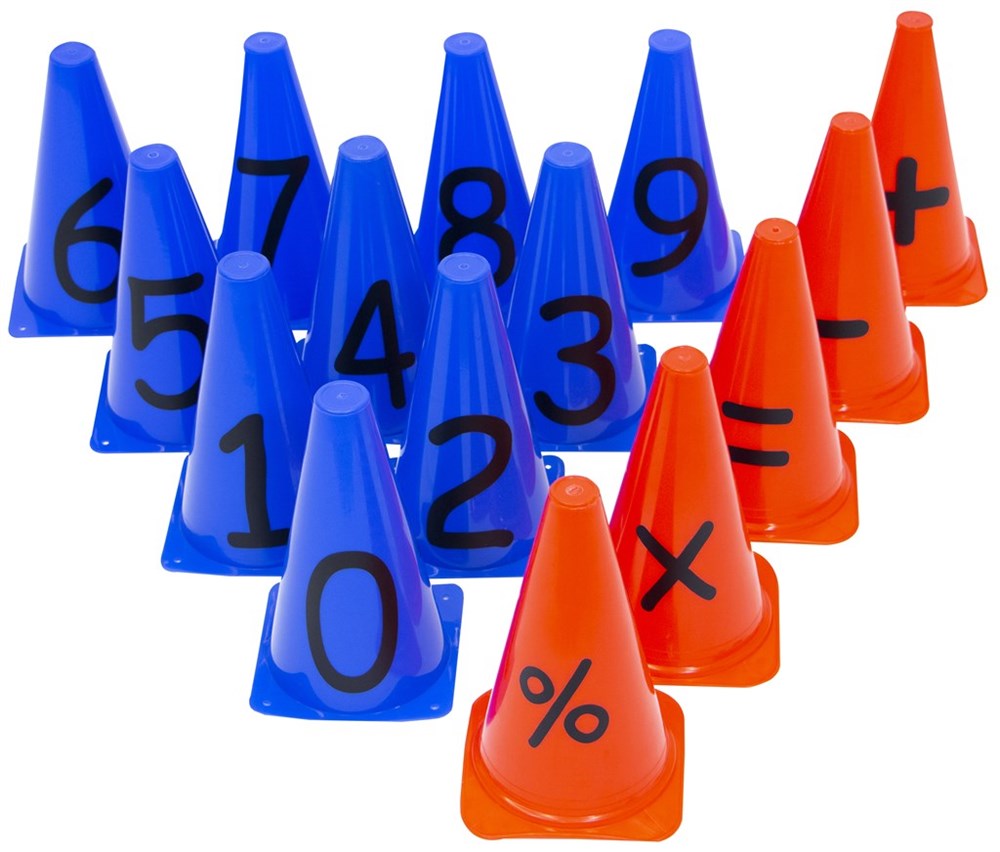 Billede af Kegler med tal og tegn, 0-9 & +, -, /, X, = (15 stk., 22 cm)
