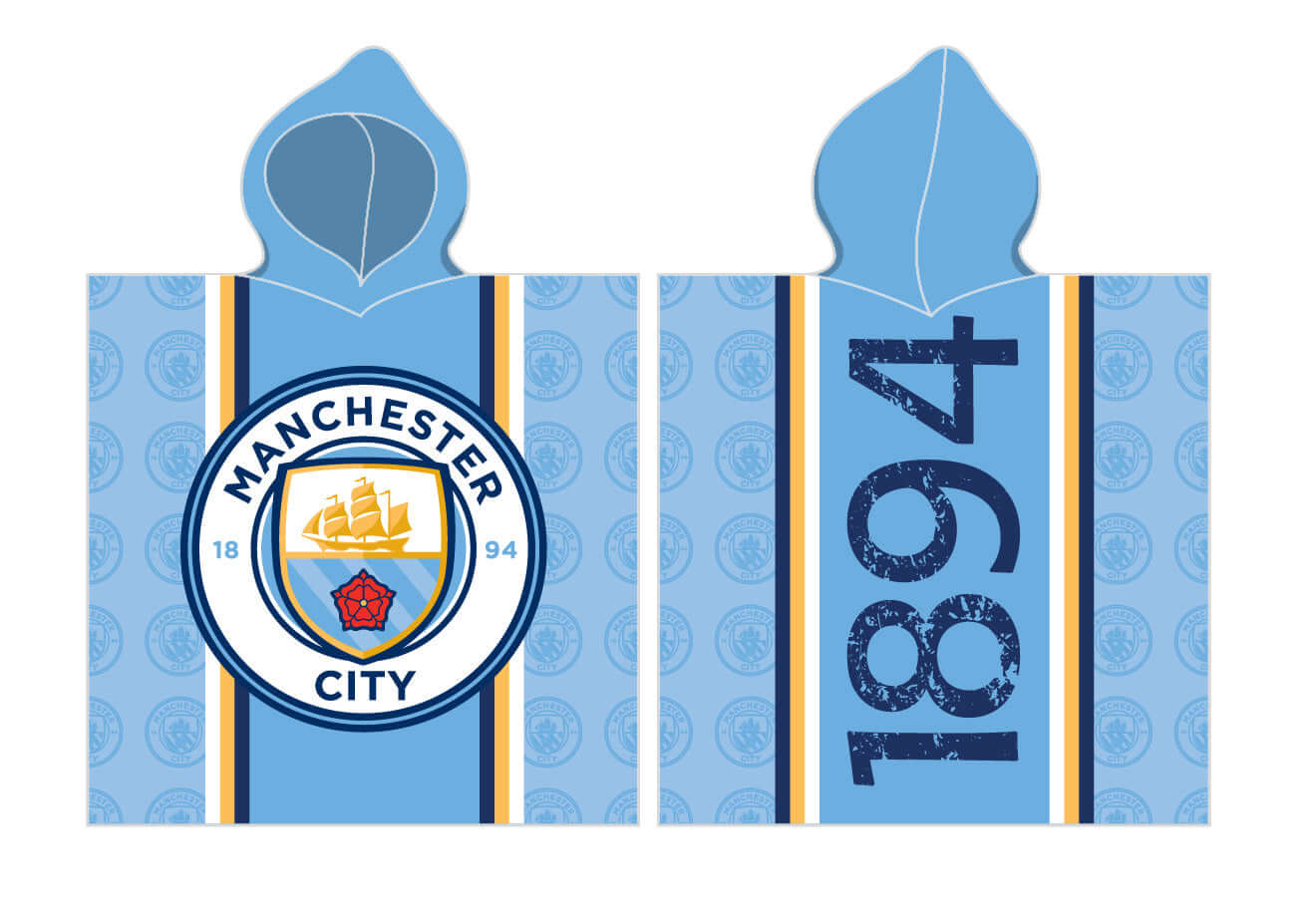 Se Manchester City Badehåndklæde / Poncho med hætte - 60x120 cm. hos Lukaki.dk