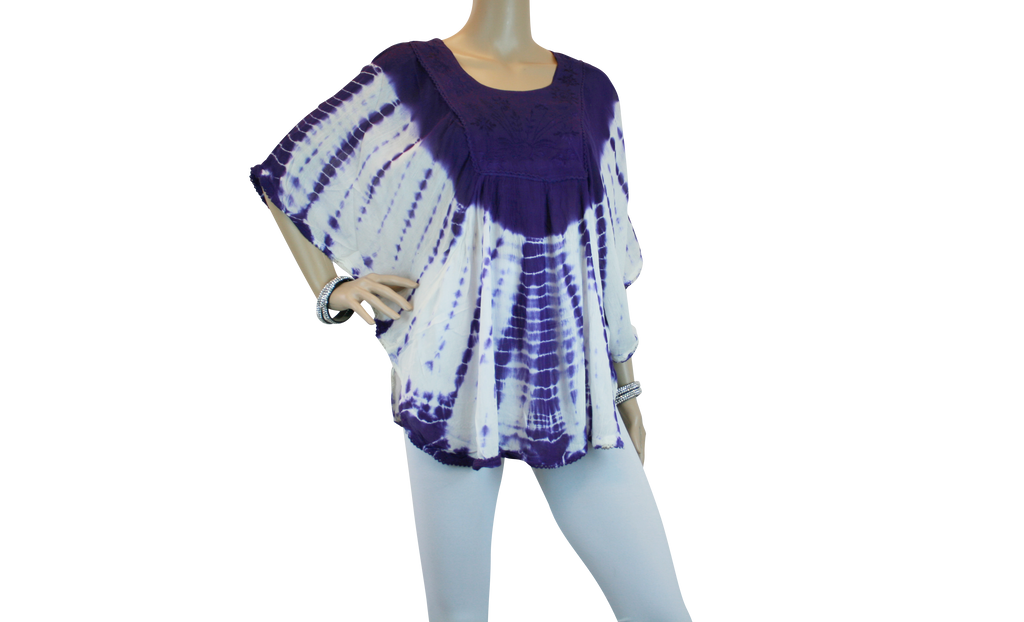 Womens Batik  Embroidered Scoop Neck Batwing  Poncho Blouse  