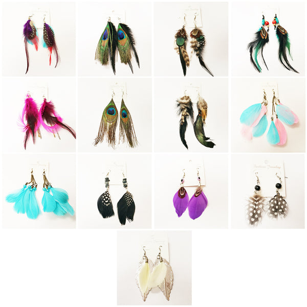 Women's Fashion Natural Feather Earrings Boho Jewelry Lot of 100 (Asso ...