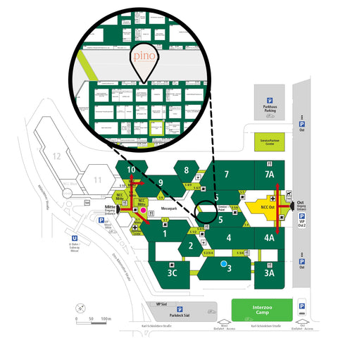 Locatie van Pino Pets op Interzoo 2024 met een pin op plattegrond.