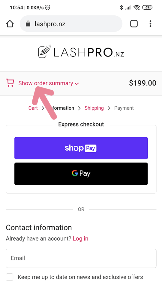 Where to enter Shopify discount code - Mobile 1/2