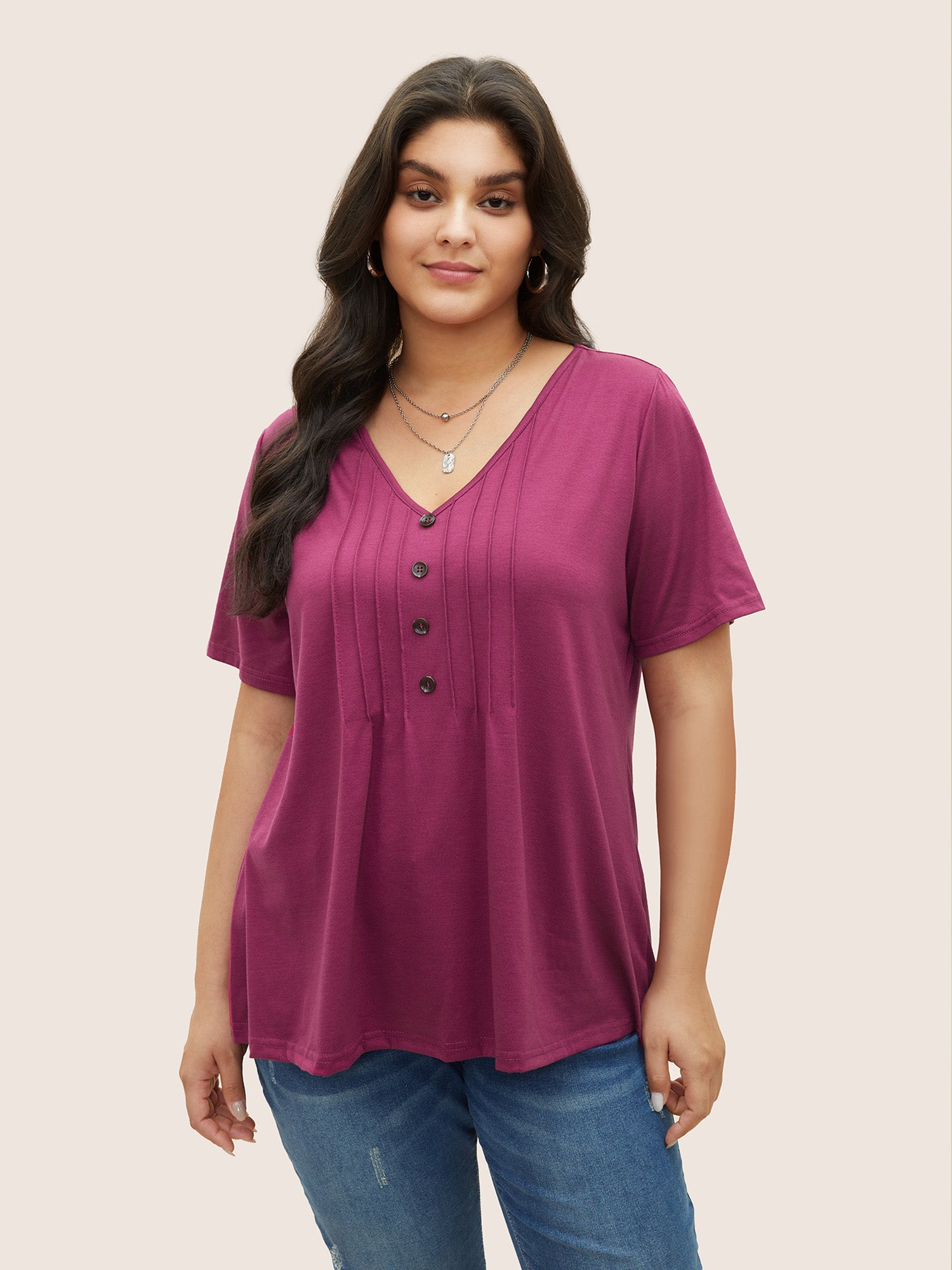 

Plus Size Women Everyday Plain Button Regular Sleeve Short sleeve V-neck Casual T-shirts BloomChic, Red-violet