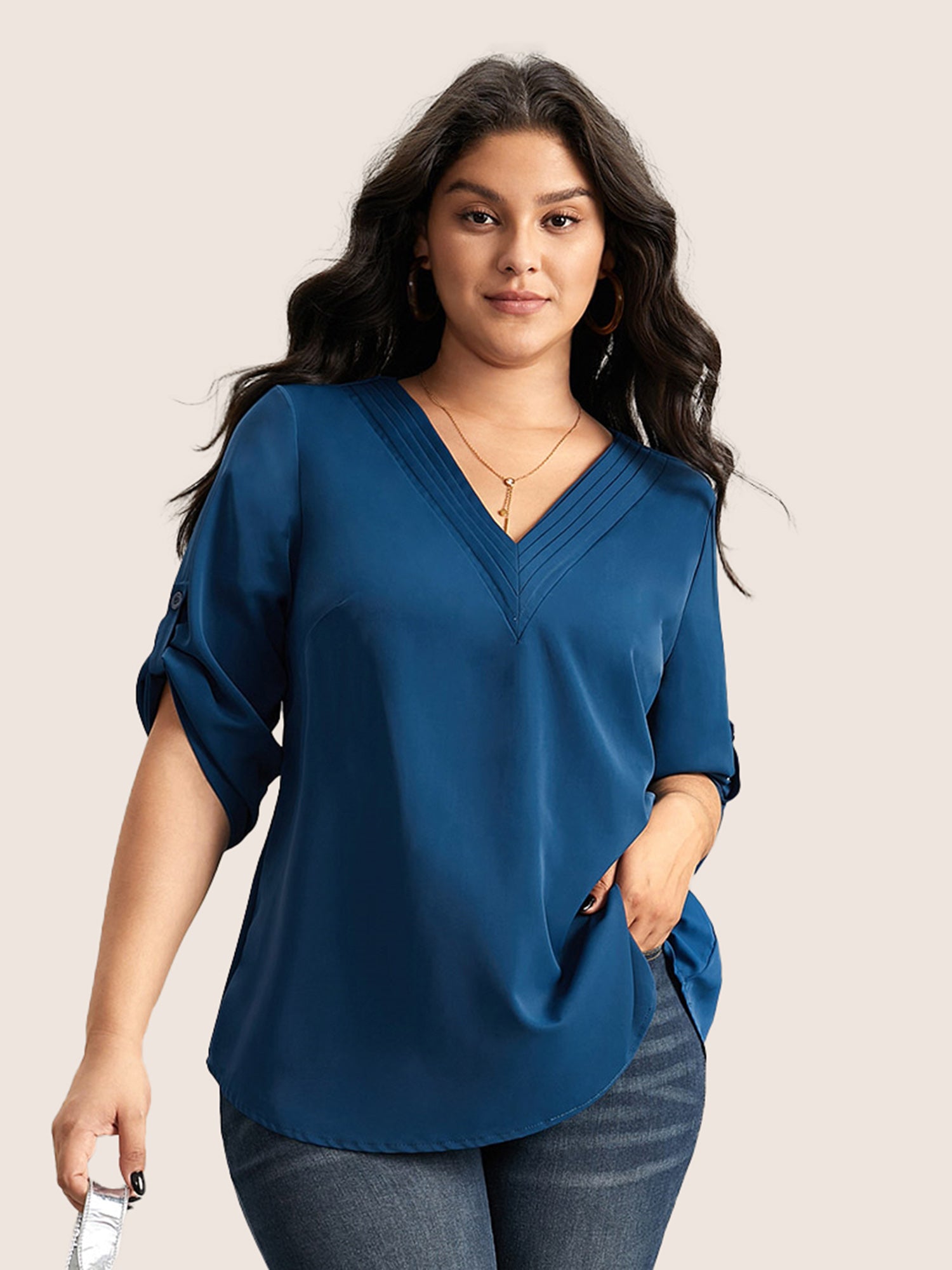 

Plus Size Women Work Plain Button Button cuff sleeve Elbow-length sleeve V-neck At the Office Blouses BloomChic, Indigo