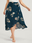 Floral Knotted Elastic Waist Wrap Split Skirt