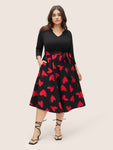 Heart Print Notched Belted Patchwork Dress
