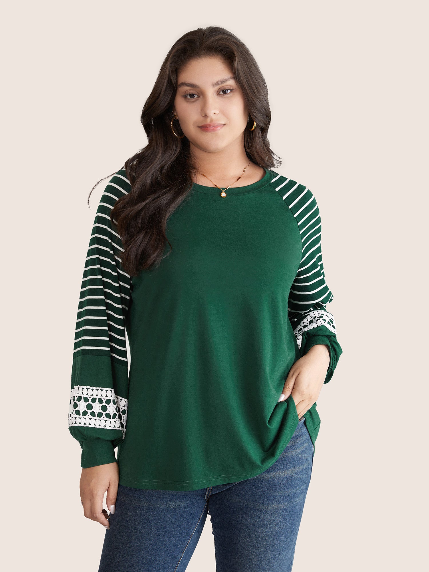 

Plus Size Women Dailywear Striped Plain Raglan sleeve Long Sleeve Round Neck Elegant T-shirts BloomChic, Dark green