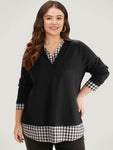 Gingham Patchwork Shirt Collar Arc Hem Sweatshirt