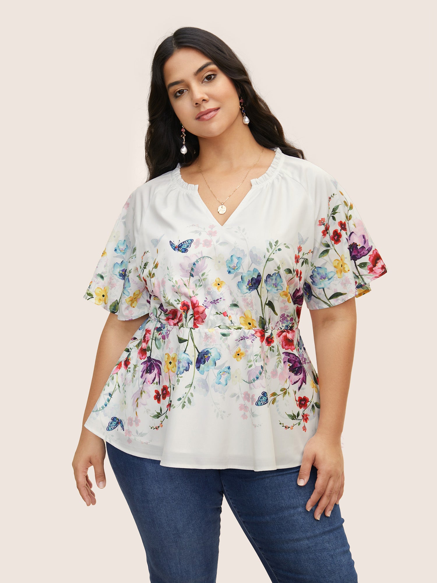 Image of Floral Flat Collar With V Notch Frill Trim Blouse