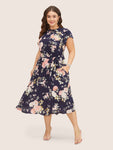 Mock Neck Belted Pocketed Frill Trim Cap Sleeves Floral Print Dress With Ruffles