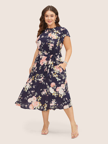 Floral Print Belted Pocketed Mock Neck Cap Sleeves Frill Trim Dress With Ruffles