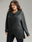 Plain Heather Cowl Neck Button Detail Sweatshirt