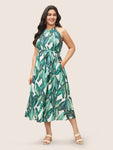 Belted Pocketed Halter Tropical Print Dress With Ruffles by Bloomchic Limited