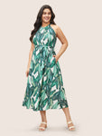 Tropical Print Halter Pocketed Belted Dress With Ruffles