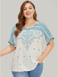 Moroccan Print Batwing Sleeve Pompom Trim Blouse