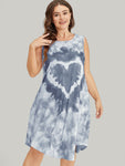 Heart Print Pocket Arc Hem Tie Dye Tank Dress