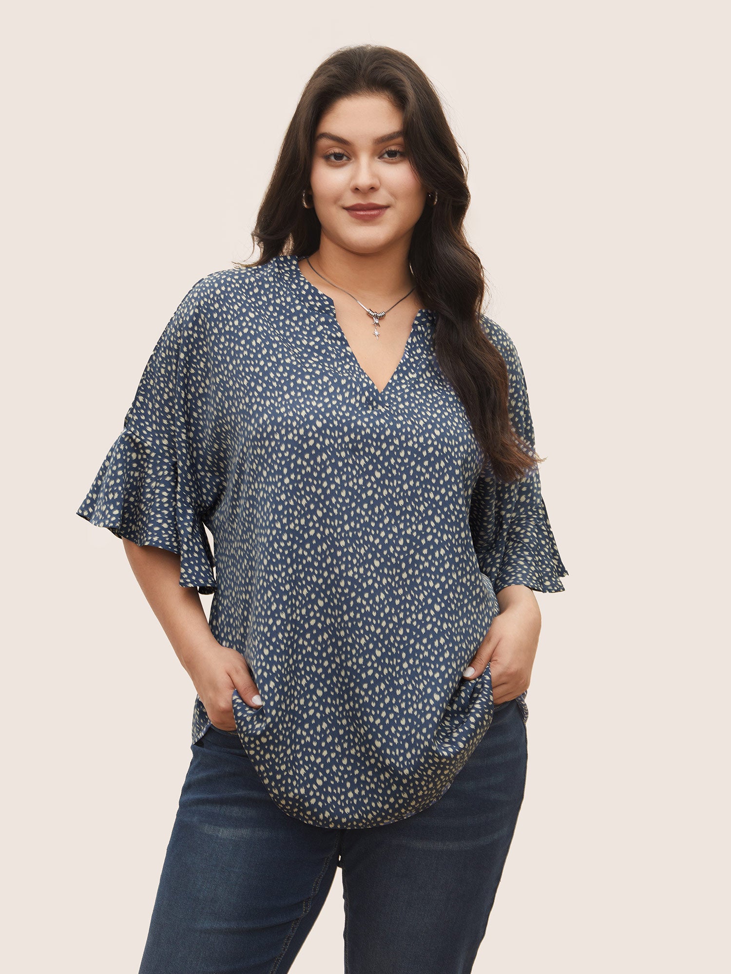 

Plus Size Women Work Leopard Ruffles Ruffle Sleeve Half Sleeve V-neck Work From Home Blouses BloomChic, Stone