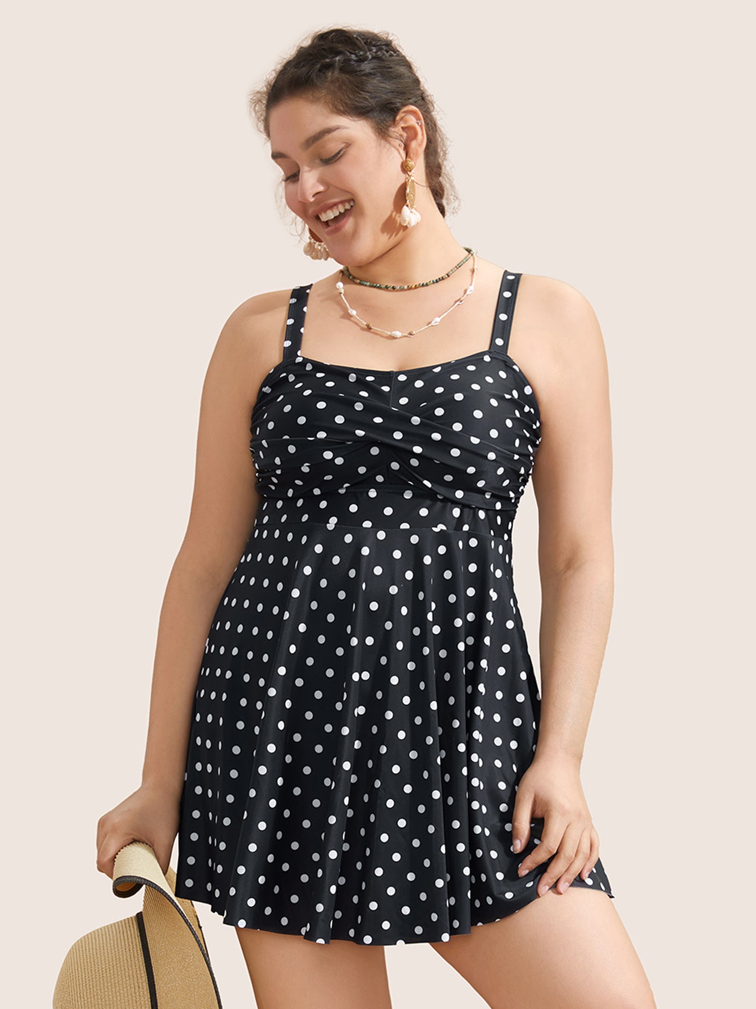 

Polka Dot Crossover Ruched Flutter Hem Swim Dress BloomChic, Black