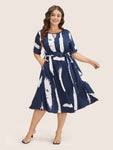 Pocketed Belted Keyhole Flutter Sleeves General Print Dress