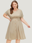 Empire Waistline Shirred Pocketed Notched Collar Dress