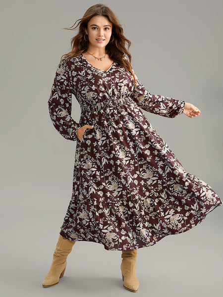 Pocketed Shirred Floral Print Dress