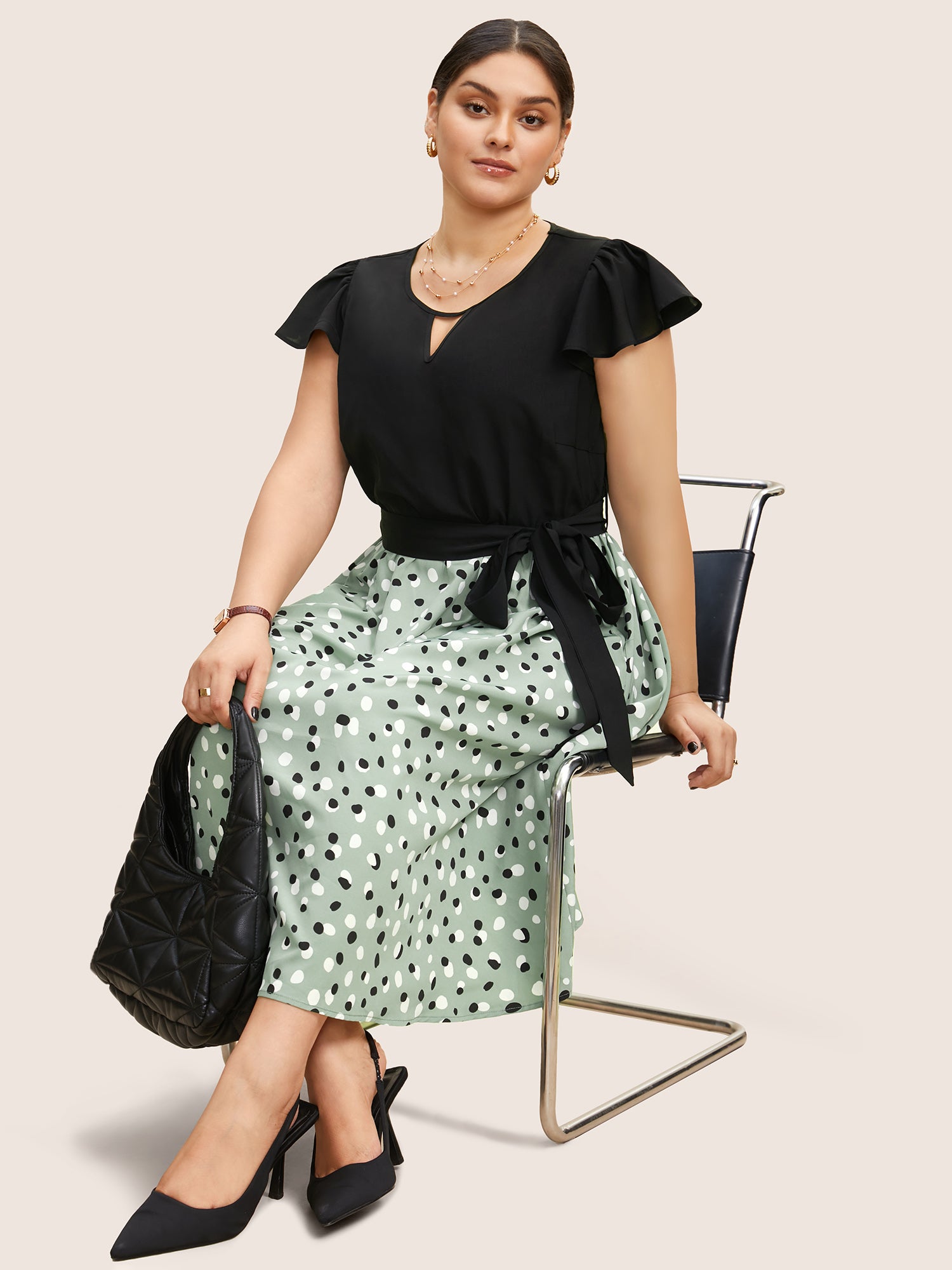 Image of Polka Dot Contrast Patchwork Keyhole Dress