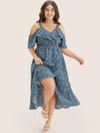 Floral Print Cold Shoulder Sleeves Pocketed Wrap Dress With Ruffles