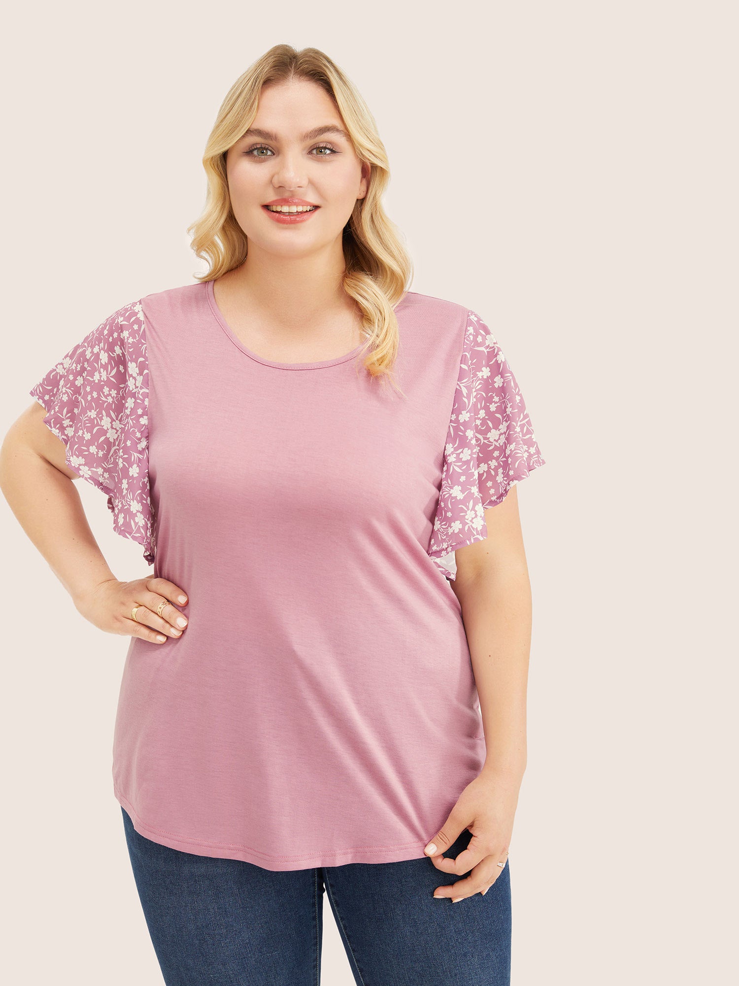 

Plus Size Women Everyday Ditsy Floral Ruffle Sleeve Short sleeve Round Neck Elegant T-shirts BloomChic, Dusty pink